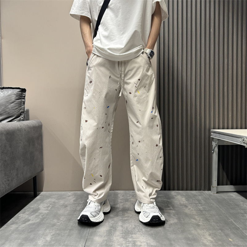 Pantalon décontracté à coupe étroite pour homme, coupe ample, coupe droite, coupe incurvée, sensation haut de gamme, effet vieilli, encre éclaboussée_voghion.com
