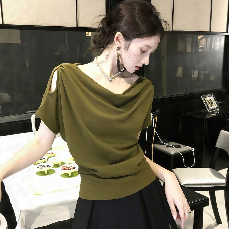 Áo thun nữ tay ngắn cổ swing hở vai phong cách thời trang — xanh lá cây chi tiết 1