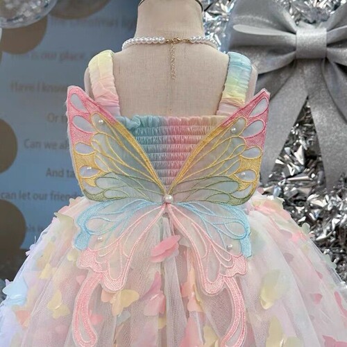 Children's summer dresses 2024 new butterfly knot princess spaghetti strap dresses for girls, rainbow dress