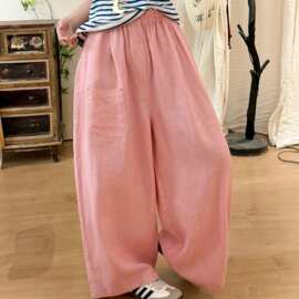 口袋设计汉麻休闲裤女2026新款百搭纯色麻裤拼接宽松韩系麻直筒裤