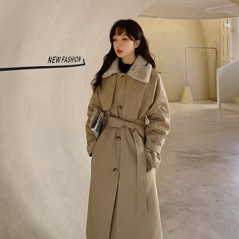 Fashionable Khaki Lapel Waist-Cinching Lace-Up Top Slimming Elegant Korean Style Over-The-Knee Long Parka Winter Coat