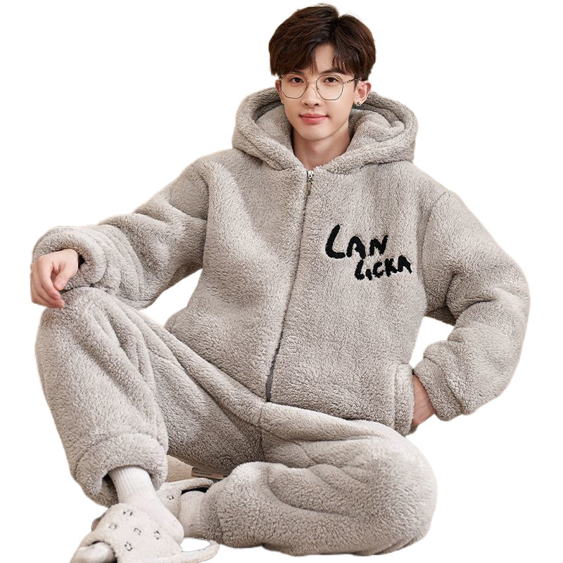 가을과 겨울 하늘 산호 양털 기모 두꺼운 남성 잠옷 홈 옷 플란넬 두건 따뜻한 청소년 세트