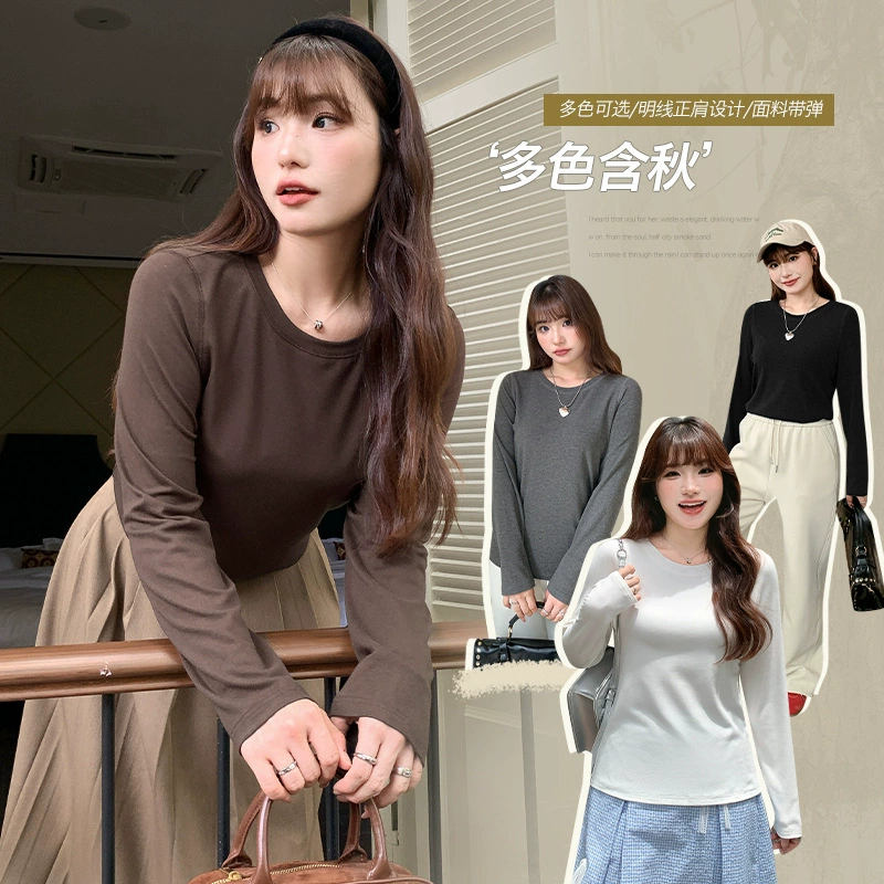 Женская весенняя футболка с длинными рукавами и круглым вырезом на правое плечо, большой размер, универсальная рубашка с внутренним слоем для похудения, 63521