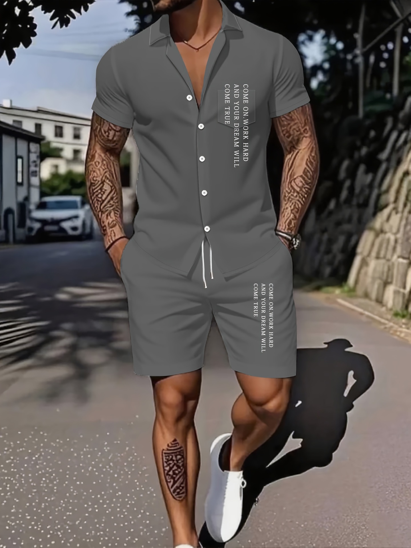 Ensemble deux pièces pour homme : chemise à manches courtes respirante et ample, imprimé lettres, style décontracté idéal pour l'été._voghion.com