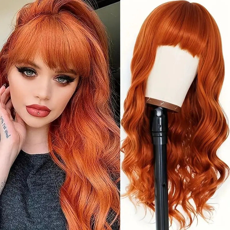 Cross-Border European, American and Korean Air Long Curly Hair Chemical Fiber Full Head Wig Female Orange Big Wave Fashion Wigs Wholesale