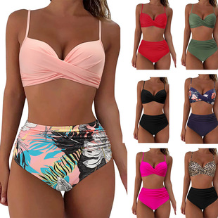 2024 foreign trade new multi-color printing split solid color push up bikini high waist European and American popular Amazon swimsuit