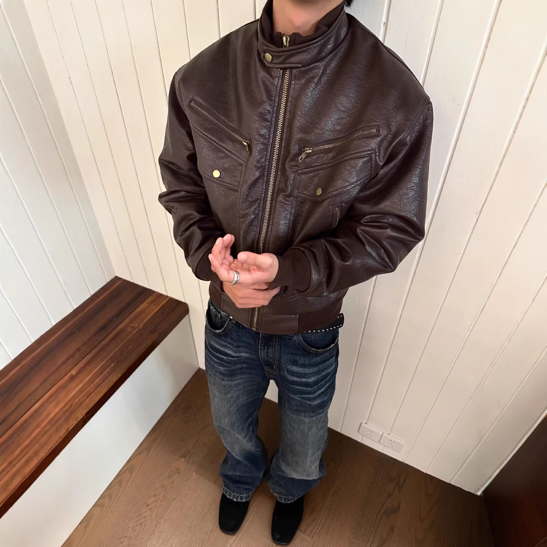 Men's Retro PU Leather Motorcycle Jacket Black Oversized Design Multi Pocket Cool Stand Collar American Style Streetwear_voghion.com
