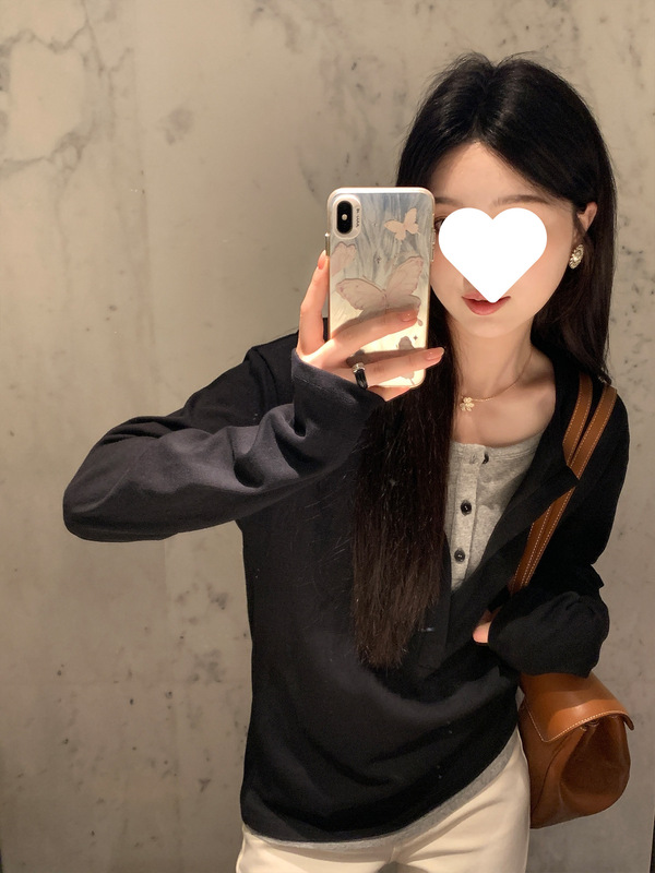 白色假两件长袖T恤女秋2025新款撞色垂感微宽松慵懒休闲翻领上衣|undefined