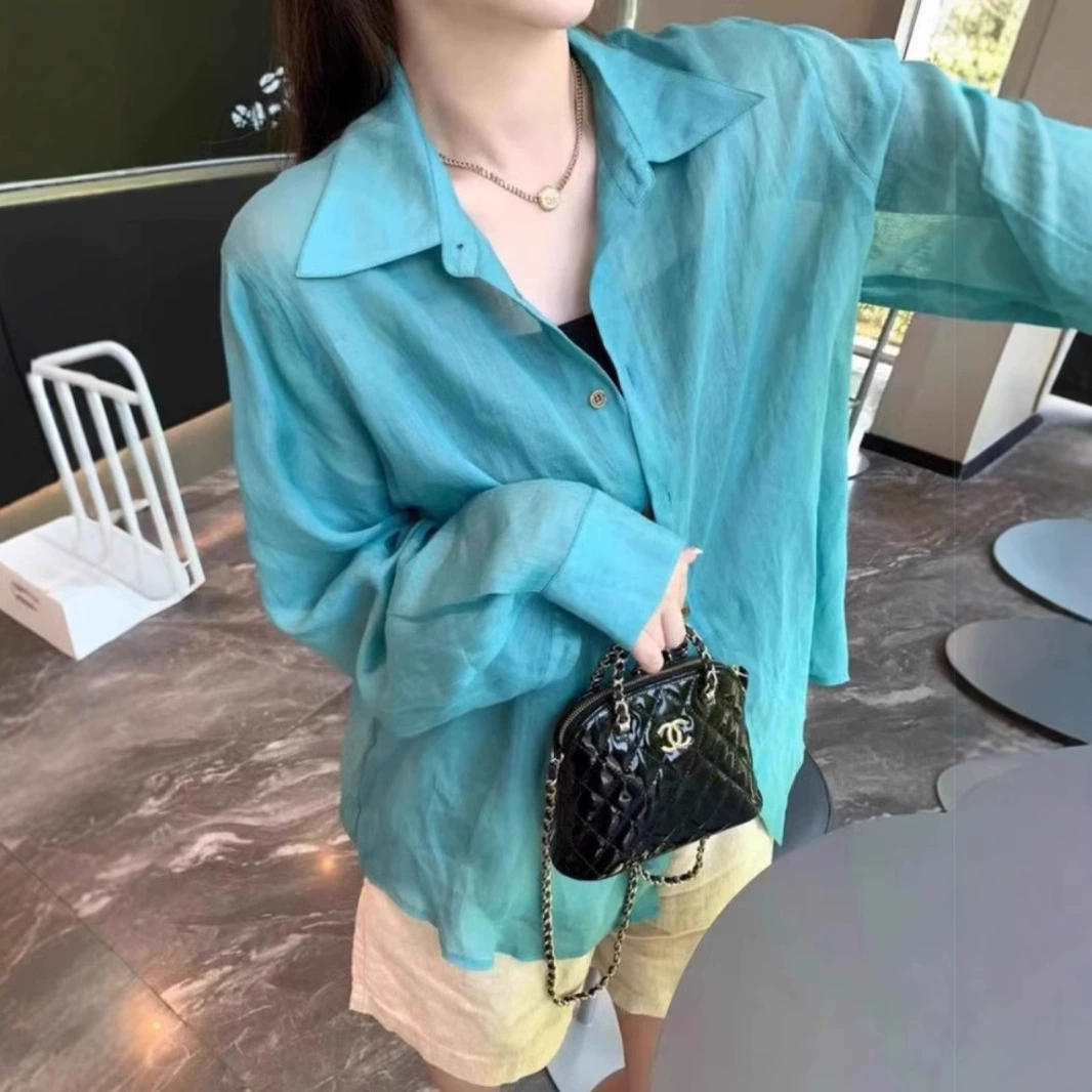 Французская высококачественная рубашка из хлопка и льна Tencel с ацетатной кислотой, синяя куртка-рубашка, женская весенне-летняя повседневная свободная рубашка с защитой от солнца, топ