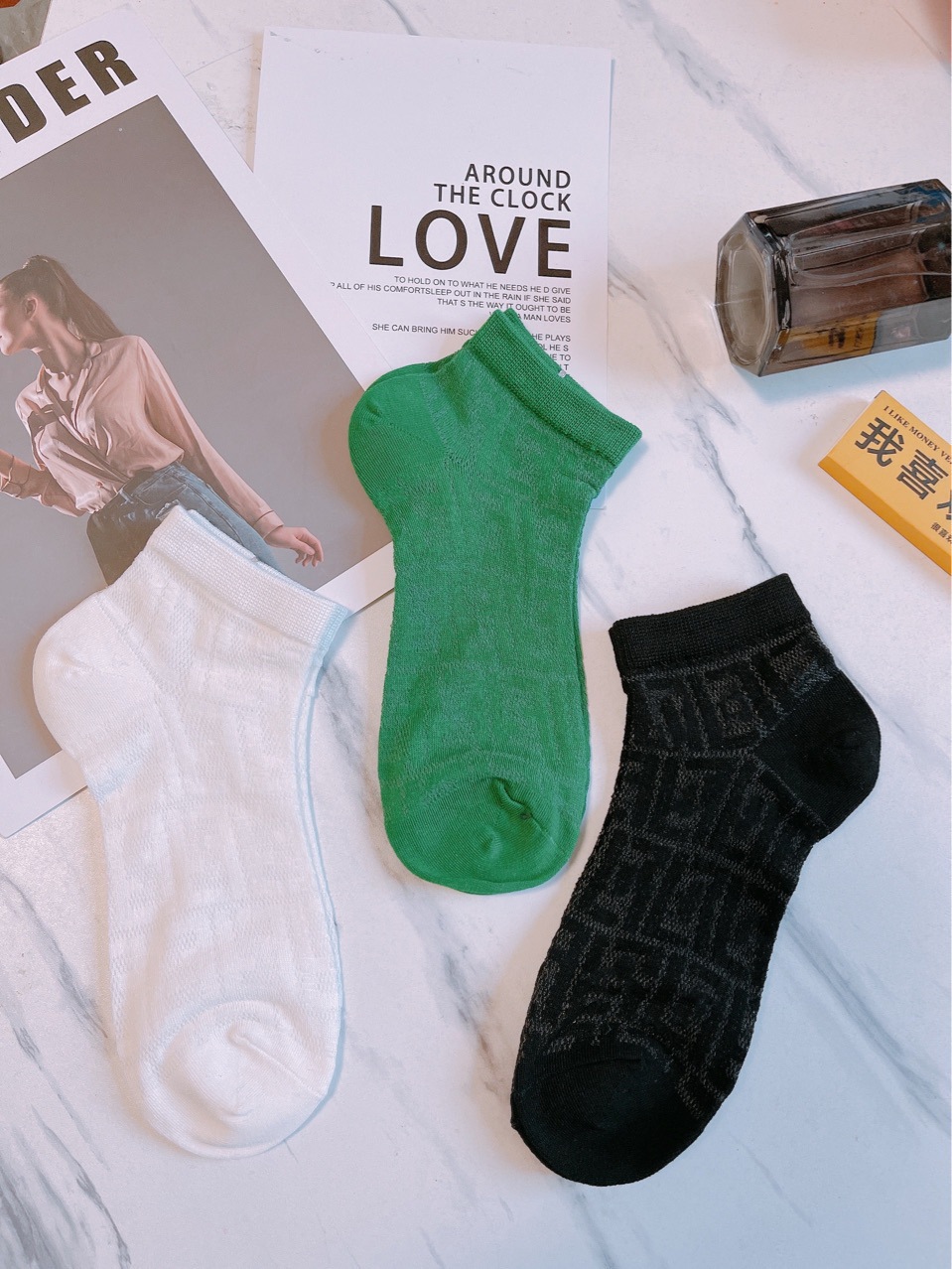 Spring and Summer Internet celebrity letters transparent meat bamboo cotton mesh socks women's trendy letters thin ins fashion solid color niche short