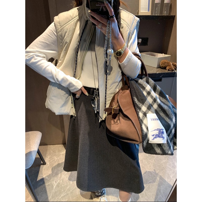 Moche Layered Design Korean Style Simple Stand Collar Drawstring Loose Short Quilted Vest Mq0988