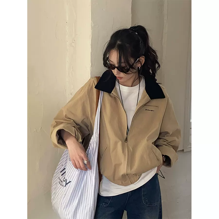 广州黄峥小众设计复古撞色翻领夹克外套女2025早秋休闲风衣510013