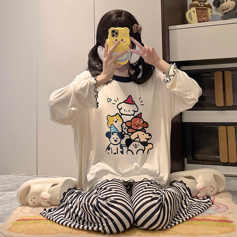 モーダル綿パジャマ少女春秋夏涼感薄い長袖かわいいカピバラホームウェア胸パッド付き|undefined