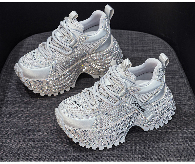 Giày sneaker nữ chunky đế dày phối đá pha lê cao cấp — Xám 5031, Be 5031 chi tiết 14
