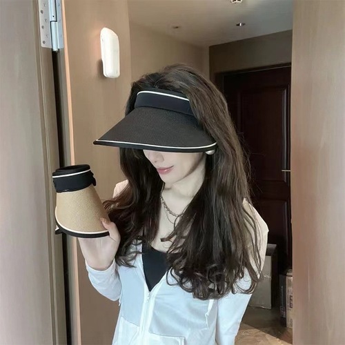 New Women's Open-Top Sun Hat Grass Weave Summer Outdoor UV Protection Brimmed Face Covering Bike Hat Non-Flapping Sun Hat