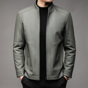 Haining Genuine Leather Jacket Accessible Luxury Men's Classy Stand-Up Collar Classic Casual Leather Jacket Middle-Aged Motorcycle Sheepskin Jacket
