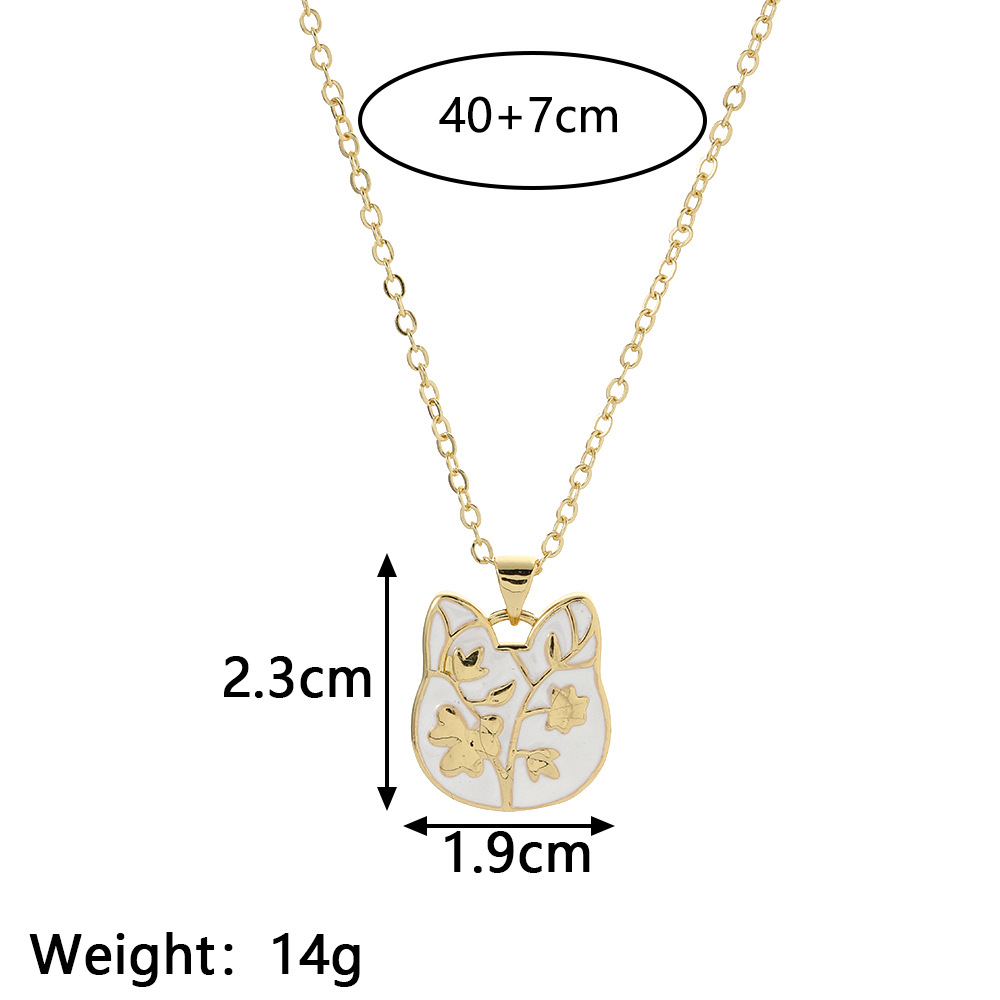Retro Cat Flower Copper Pendant Necklace Enamel Copper Necklaces