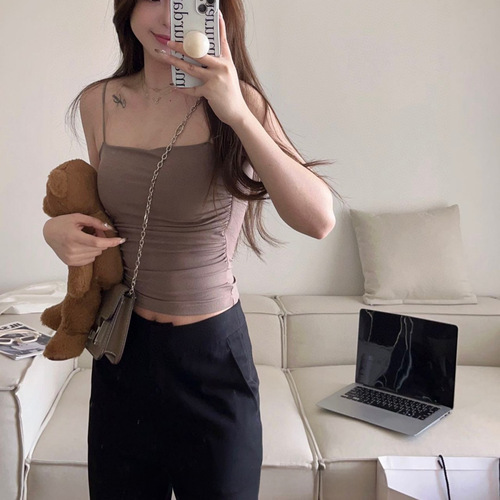 Korean versatile bra thin shoulder small suspender new style chest pad integrated strap slim fit pleated bottom vest for women