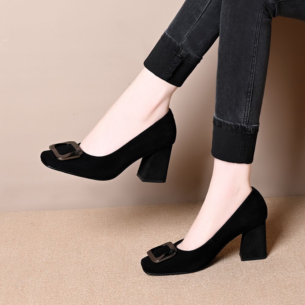 2025 Autumn New Fashion Square Buckle Suede Chunky Heel Pumps Elegant Square Toe Shallow Retro Commuter High Heels for Women