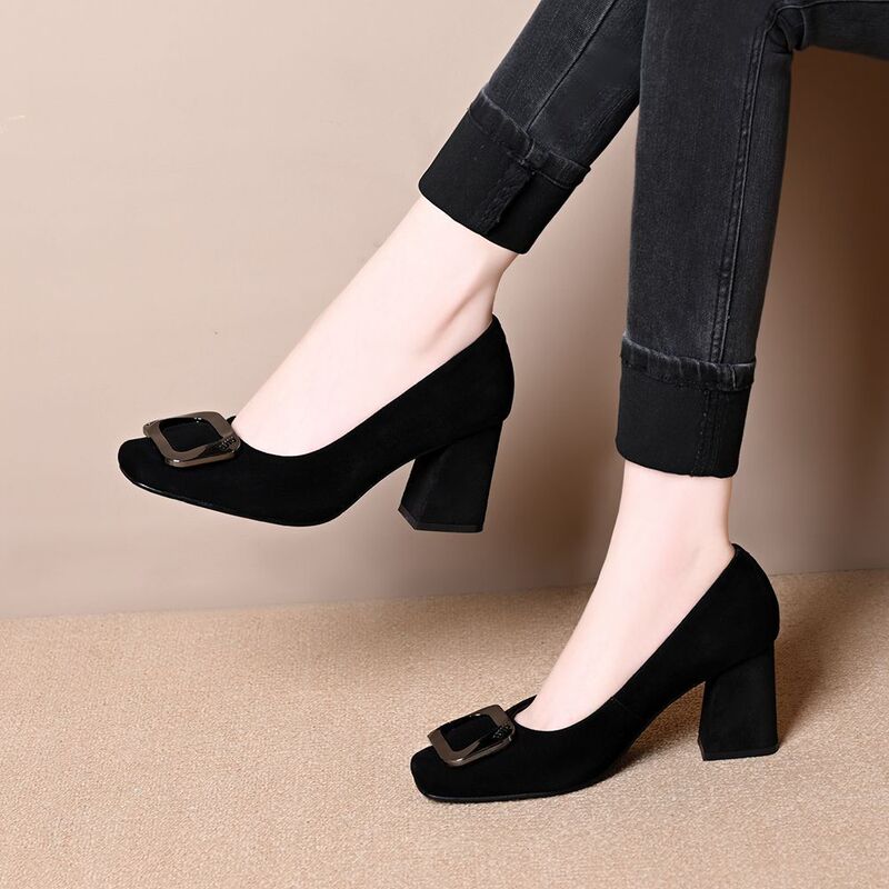 2025 Autumn New Fashion Square Buckle Suede Chunky Heel Pumps Elegant Square Toe Shallow Retro Commuter High Heels for Women