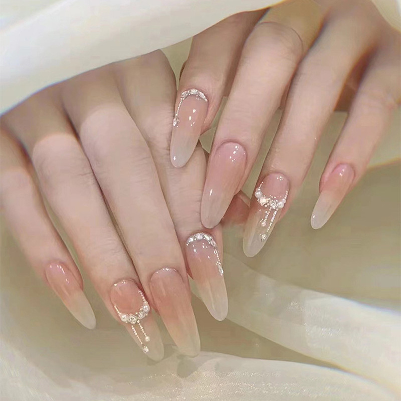 New White Moonlight Long Almond Nails, Sparkling Nude Pearl Pattern, High-End Diamond Style, 30 Pieces of Manicure and Wearable Nails New White Moonlight Long Almond Nails, Sparkling Nude Pearl Pattern, High-End Diamond Style, 30 Pieces of Manicure and Wearable Nails