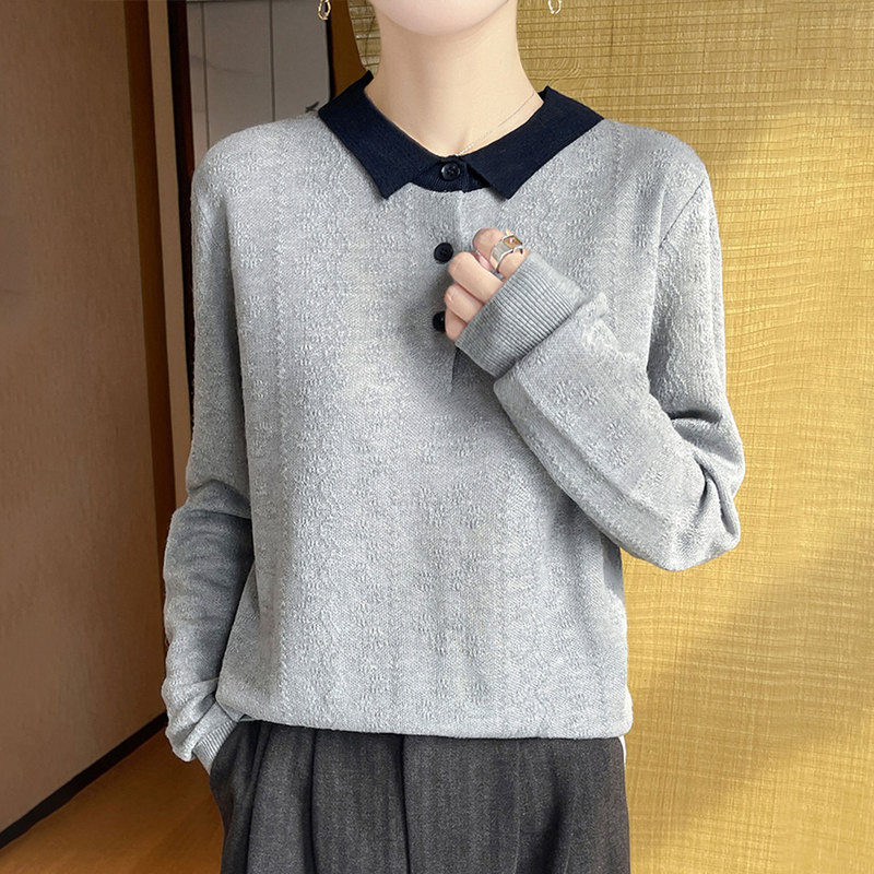 【厂家直供】拼色翻领提花宽松减龄针织衫女秋季新款百搭打底毛衣|undefined