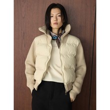 卢浮冬季新款韩版时髦简约高领拼接针织短棉服廓形舒适保暖外套女