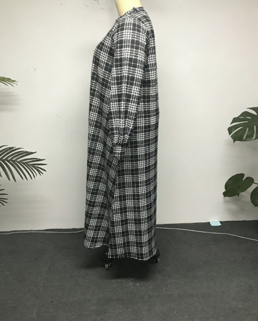 Cross-border Middle Eastern Muslim Women's Black And White Plaid Robe, Loose Plus-size Round-neck Long Dress Abaya_ecoleips.com