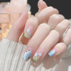 Blue oil painting tulip nail art with gentle temperament, Instagram style short nail art stickers, wear nail art wholesale