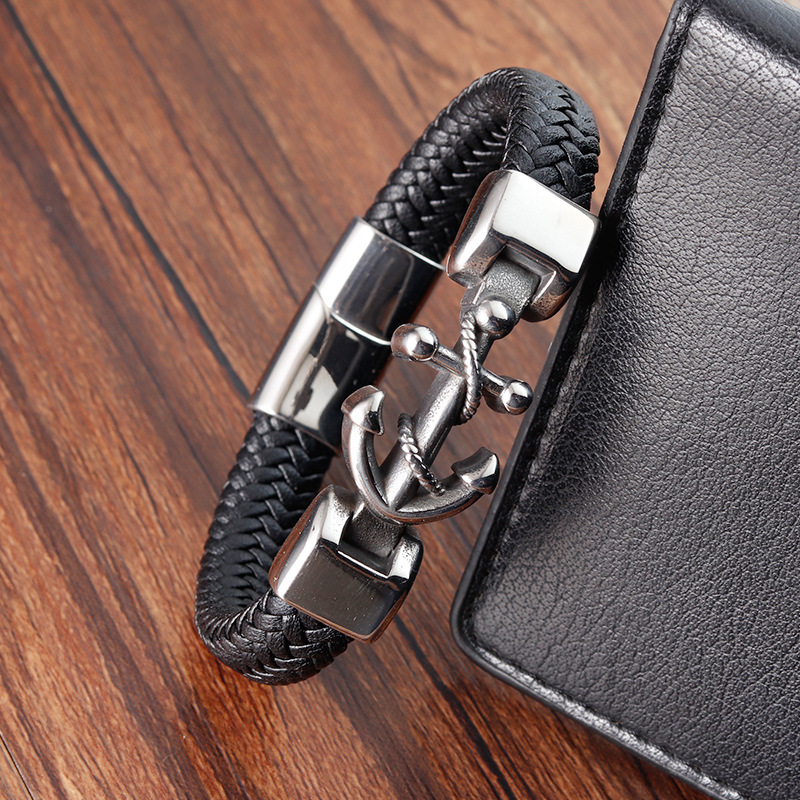 Daily Occasion Retro 316L Stainless Steel  Leather Anchor Men Cord & Leather Bracelets