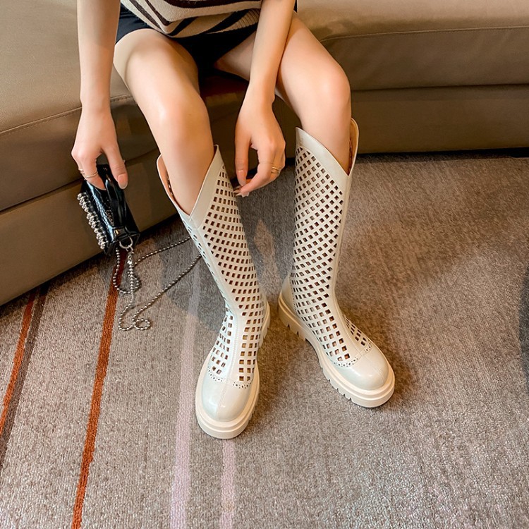 Boot nữ da bò đế dày cổ cao ống lưới — Màu nâu ống lớn, Màu đen cổ ống lớn, Ống nhỏ màu đen, Chu vi ống lớn màu trắng Be chi tiết 22