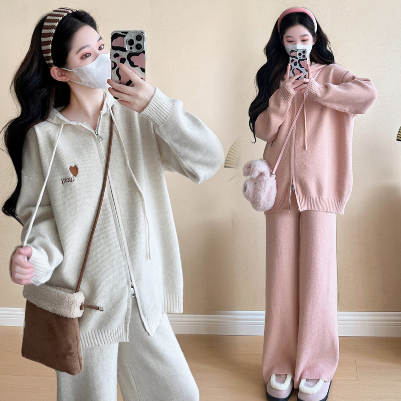 임산부복 가을 겨울 정장 2024 유행 아우터웨어 느슨한 트렌디 엄마 아우터웨어 니트 임산부 투피스 정장 배 가리기 여성