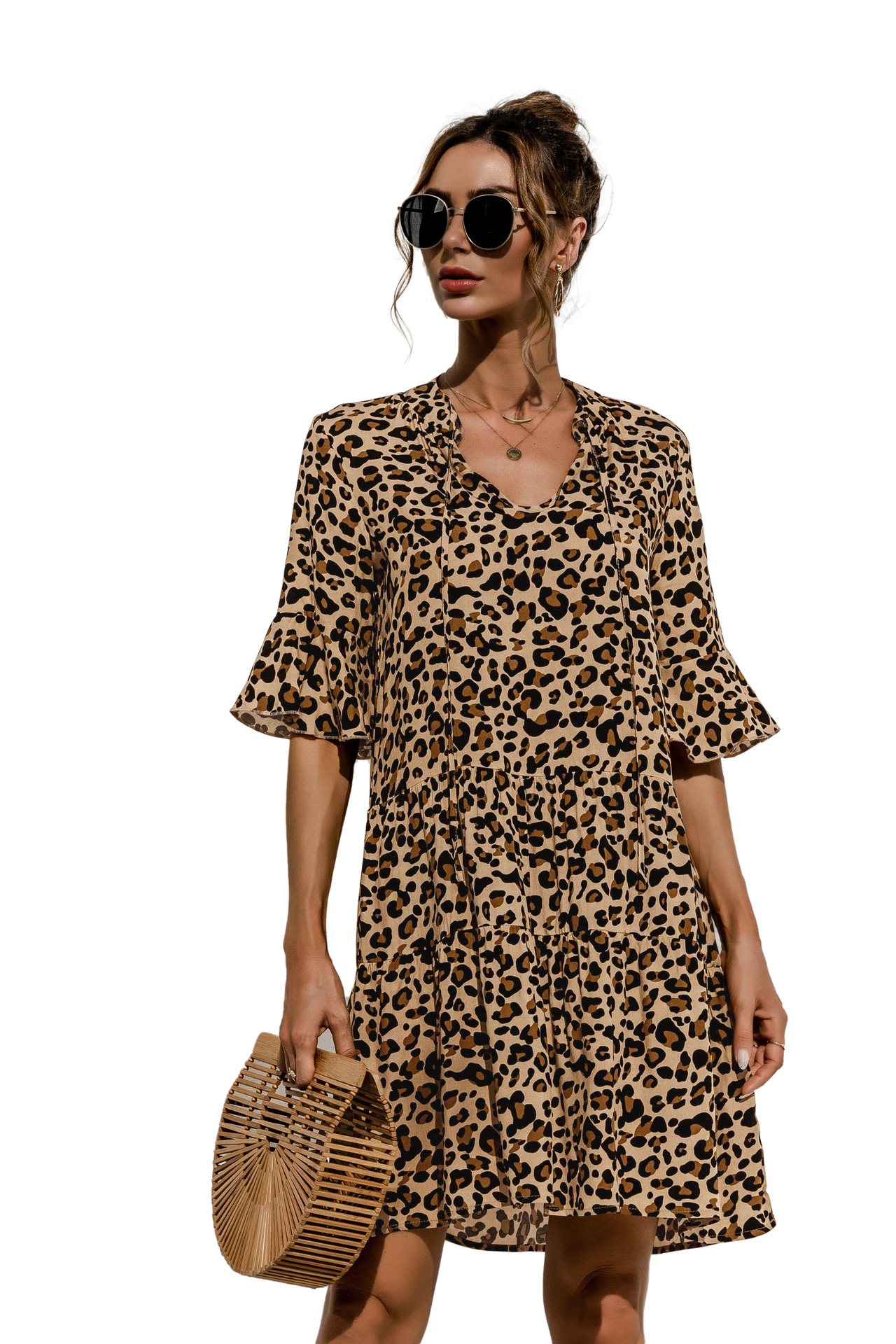 V Neck Neckline Printing Pattern Summer Season Wholesale Women'S Streetwear Printing Patchwork Printing V Neck Short Sleeve Tiered Skirt