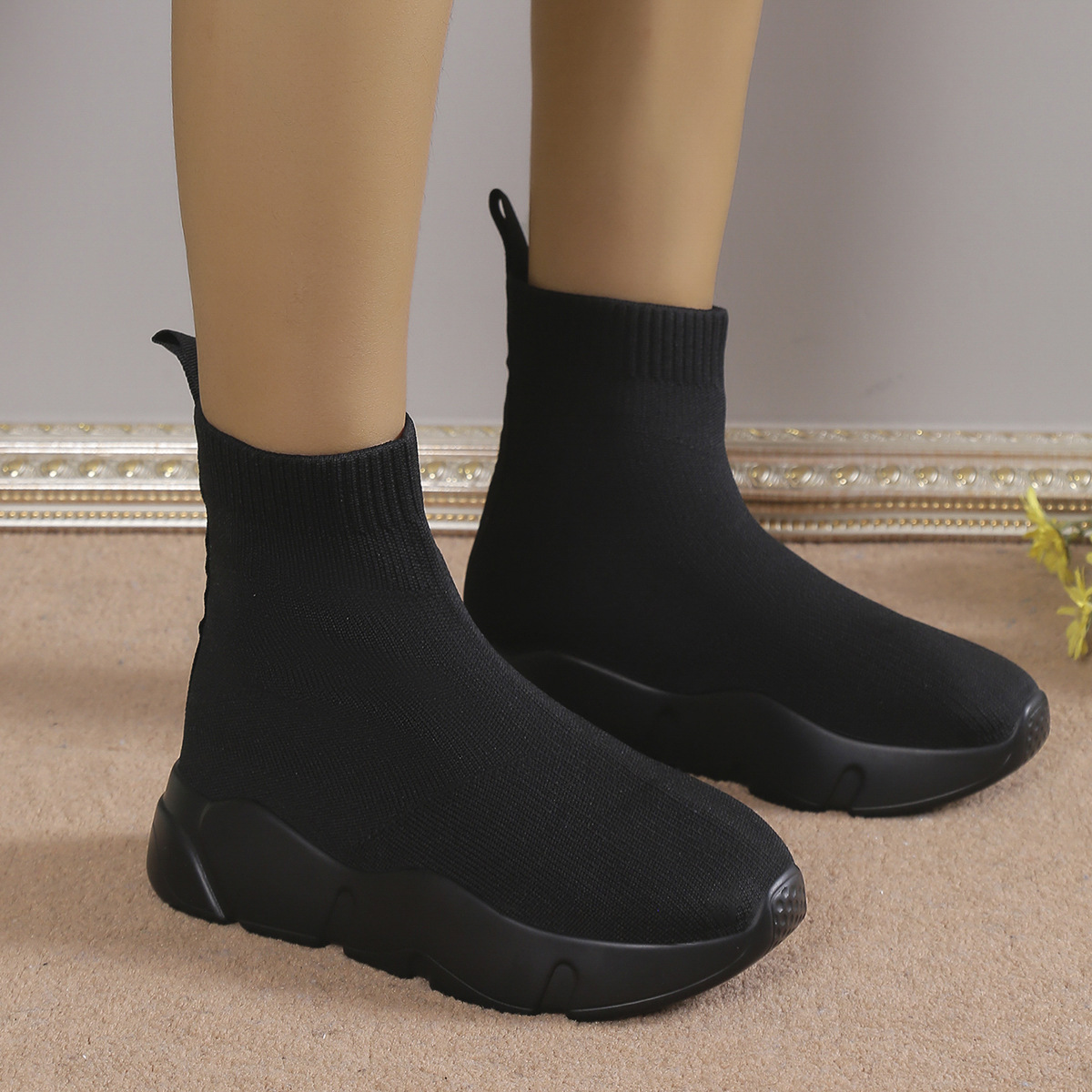 Stivali corti da donna taglie forti in Flyknit, stile europeo/americano, con suola spessa, traspiranti, casual e alla moda, perfetti per la primavera._voghion.com