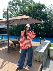 红色条纹v领长袖T恤女夏季慵懒风宽松防晒罩衫中长款小众百搭上衣