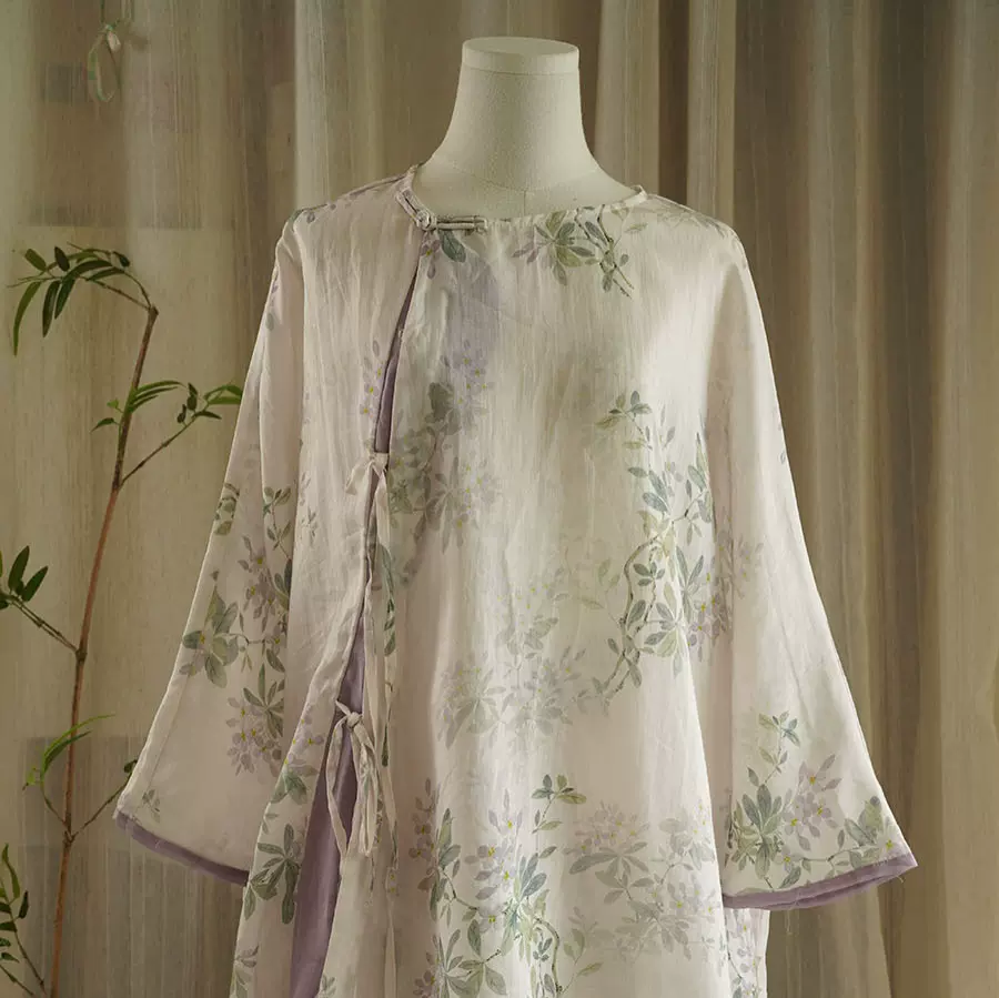 夏季新款 苎麻圆领斜襟盘扣系带中长九分袖茶服搭身裙028142