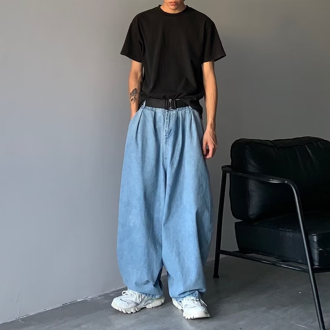 Japonés retro más tamaño oversize jeans hombres marca de moda primavera y otoño suelto todo partido casual pierna ancha papá Pantalones