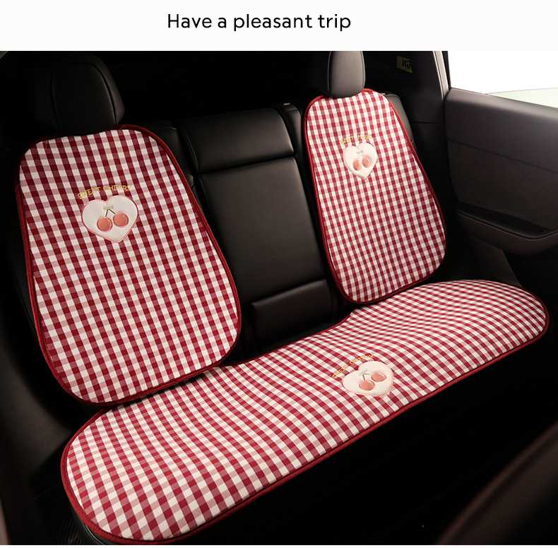 Plaid Cherry Car Cushion Four Seasons Universal Linen Single Piece Goddess Seat Cover Semi-enclosed Breathable Summer Day