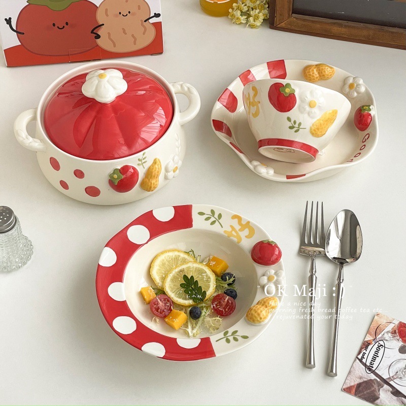 1人用の美しい朝食プレート、かわいい食器、絶妙なデザートプレート、麦わら帽子プレート、釉下色のセラミックフルーツサラダプレート|undefined