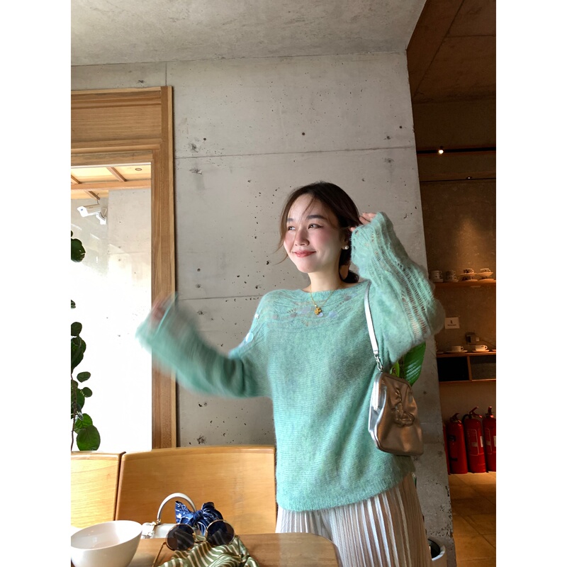 theWangs韩版宽松套头针织衫毛衣女5早秋氛围感穿搭镂空衣打底衫|undefined