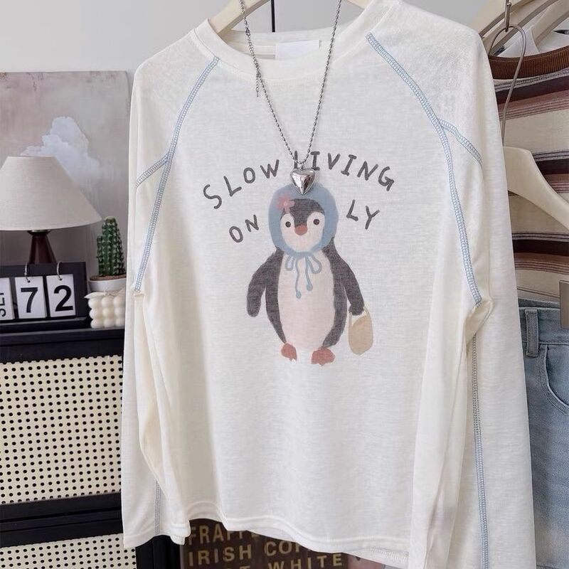 Youthful, cute, and simple~ Lyocell Tencel summer thin Korean-style long-sleeve T-shirt for women, penguin sun protection cover-up