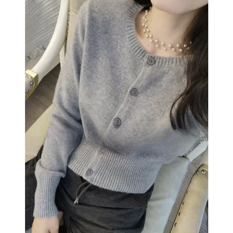 女士100全羊毛开衫秋冬新款圆领高腰短款毛衣外套纯色百搭针织衫|undefined