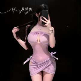 美诱佳高级感情趣内衣女性感挂脖交叉镂空睡裙紫夜朦胧蕾丝包臀裙