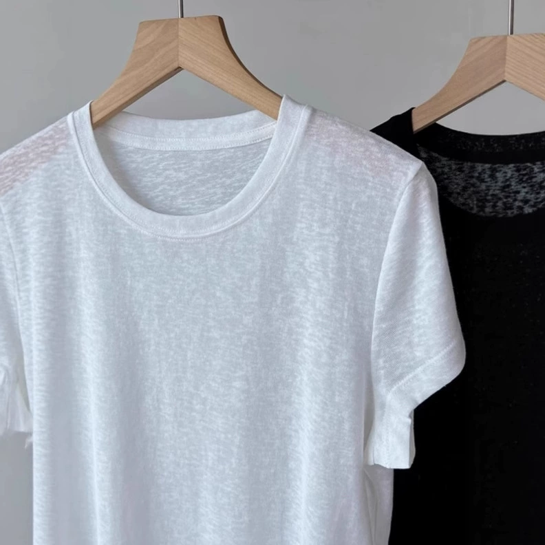 Новая летняя льняная белая футболка с короткими рукавами и круглым вырезом на правое плечо для женщин, простой тонкий хлопковый свободный топ с снежинками, модный