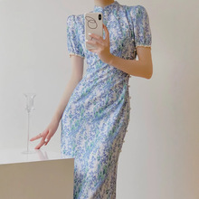 2025名媛蓝色国风碎花连衣裙气质收腰显瘦改良新中式年轻款旗袍