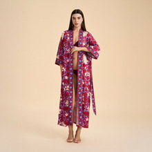 欧美跨境长袖长款宽松舒适和服睡袍睡衣女士印花家居服WP3982