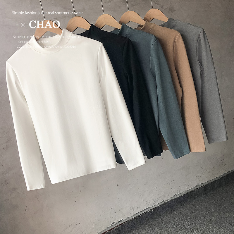 Korean Style Autumn and Winter Half-High Collar Base Shirt for Men, Slim Fit Trendy Black Mid-High Collar Autumn Shirt, Solid Color Long-Sleeve T-Shirt Korean Style Autumn and Winter Half-High Collar Base Shirt for Men, Slim Fit Trendy Black Mid-High Collar Autumn Shirt, Solid Color Long-Sleeve T-Shirt