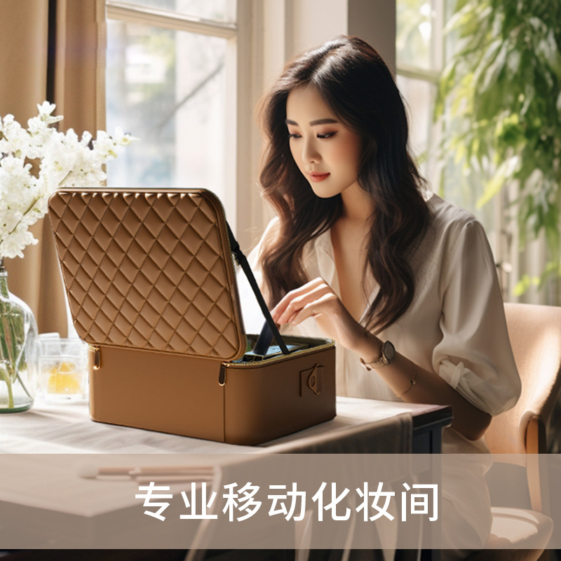 高级感大化粧バッグ大容量ミラー付き手持ち旅行外出ポータブル化粧品収纳バッグ汚れ防止