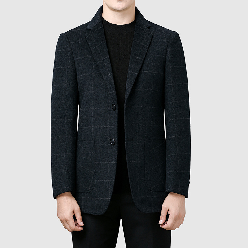Double-Sided Woolen Suit for Winter, Young and Middle-Aged Business Professional Plaid Wool Coat for Gentlemen