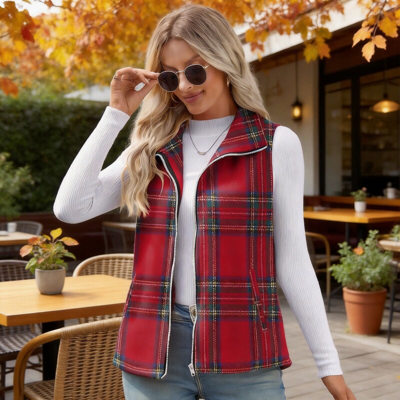 2026 European and American Cross-Border Autumn and Winter Women's Plaid Jacket Vest Sleeveless Jacket Plaid Top Zipper Collared Cardigan